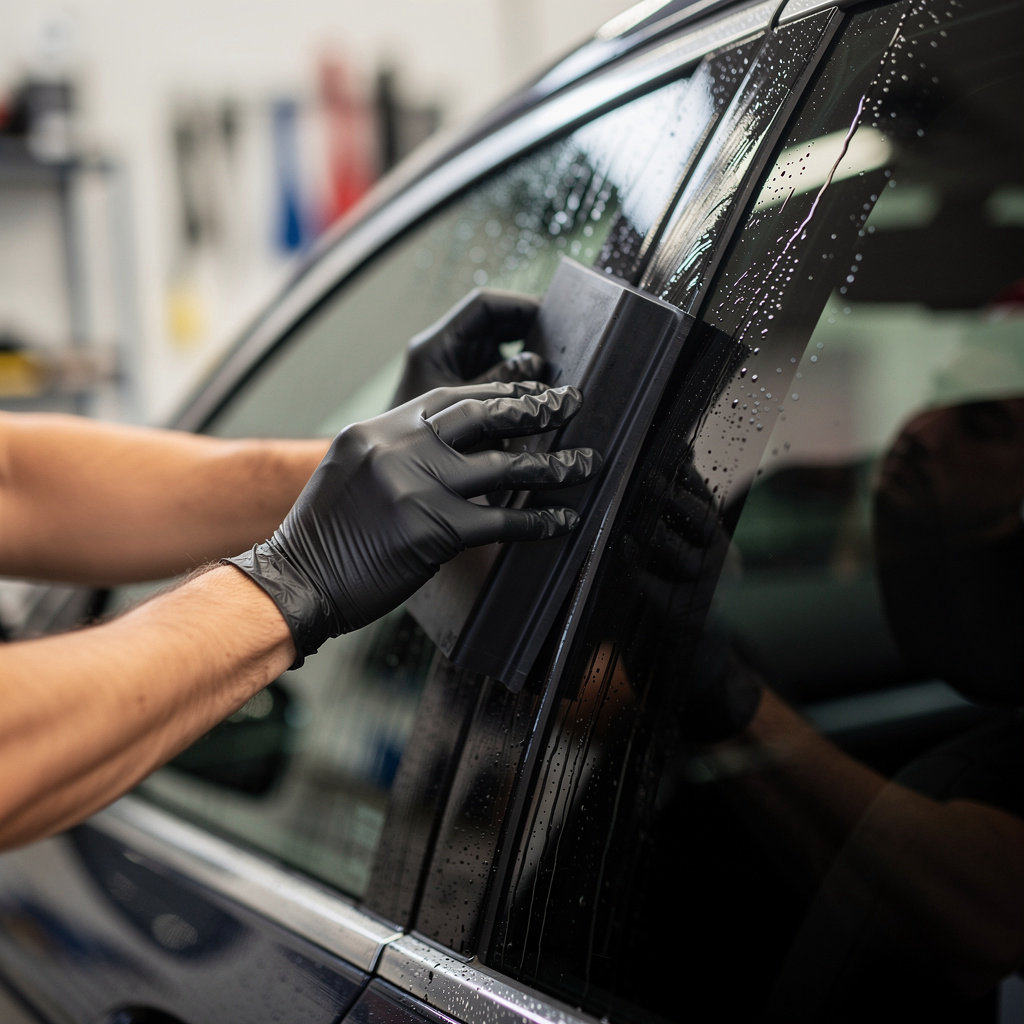 Lee's Custom Window Tinting expert technician performing precision auto window tint installation in Stroudsburg, PA
